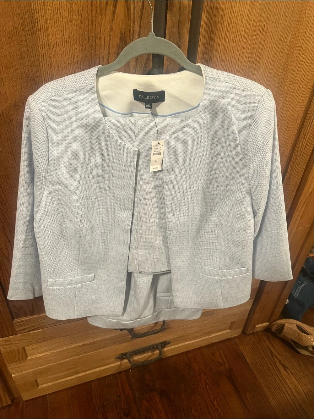Talbots Pale Blue Collarless lightweight Tweed Blazer and Slim Ankle Pants (14)